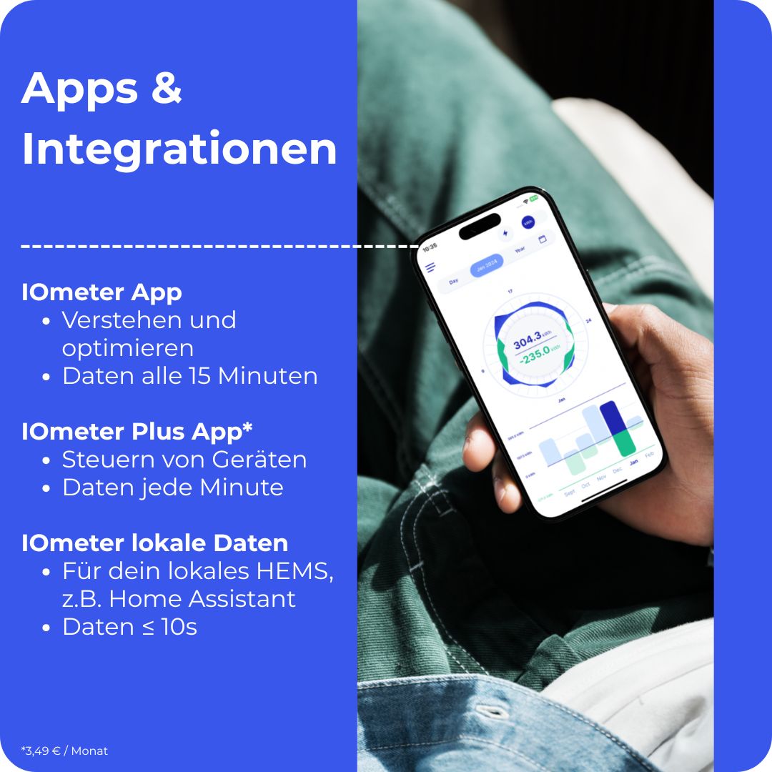 Apps & Integrationen:
IOmeter App mit 15 minütigen Daten
IOmeter Plus App mit Steuerfunktion und minütlichen Daten
Lokale Daten für HEMS wie Home Assistant mit Daten ≤ 10s