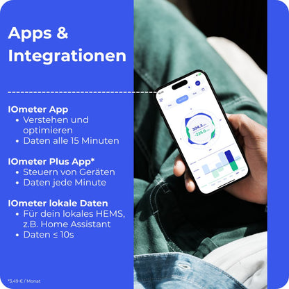 Apps & Integrationen: 
IOmeter App mit 15 minütigen Daten
IOmeter Plus App mit Steuerfunktion und minütlichen Daten
Lokale Daten für HEMS wie Home Assistant mit Daten ≤ 10s